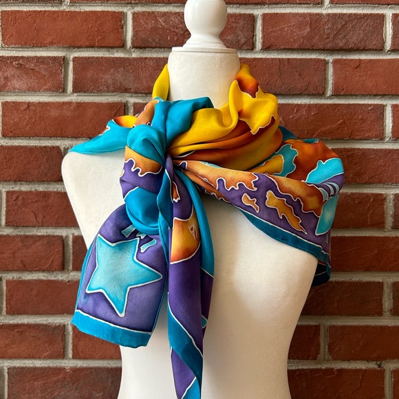 •DianeZ Spera Handprinted Hand Rolled Silk Graphic Sun Moon Unique Scarf 44”x41” - Picture 1 of 10